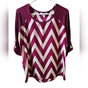 Charming Charly Chevron Patterned Burgundy and White Women's Top